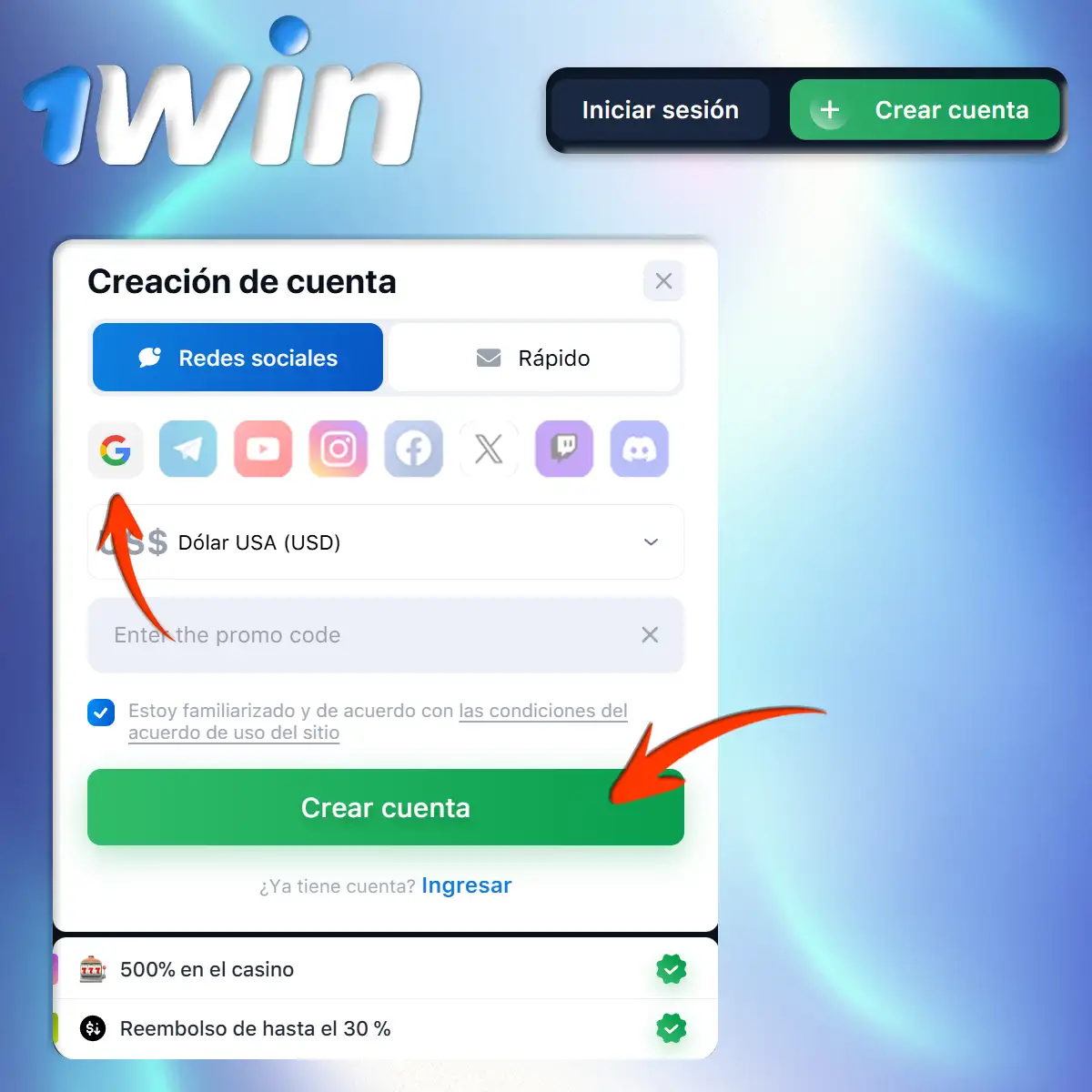 1win Registro a través de redes sociales