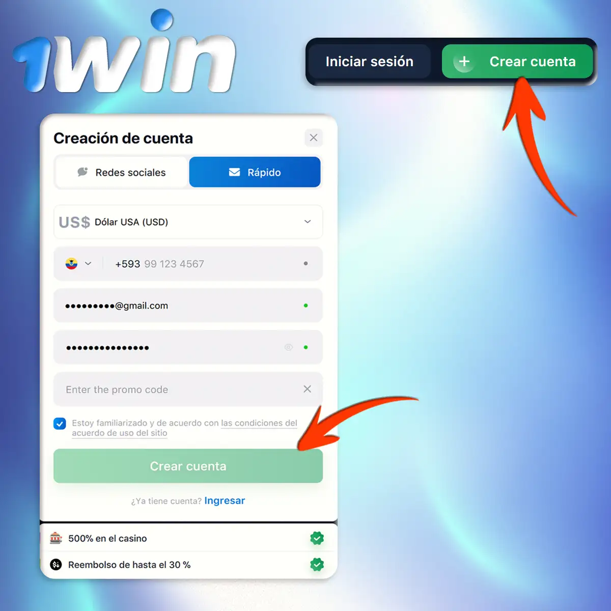 Registro rápido en 1win